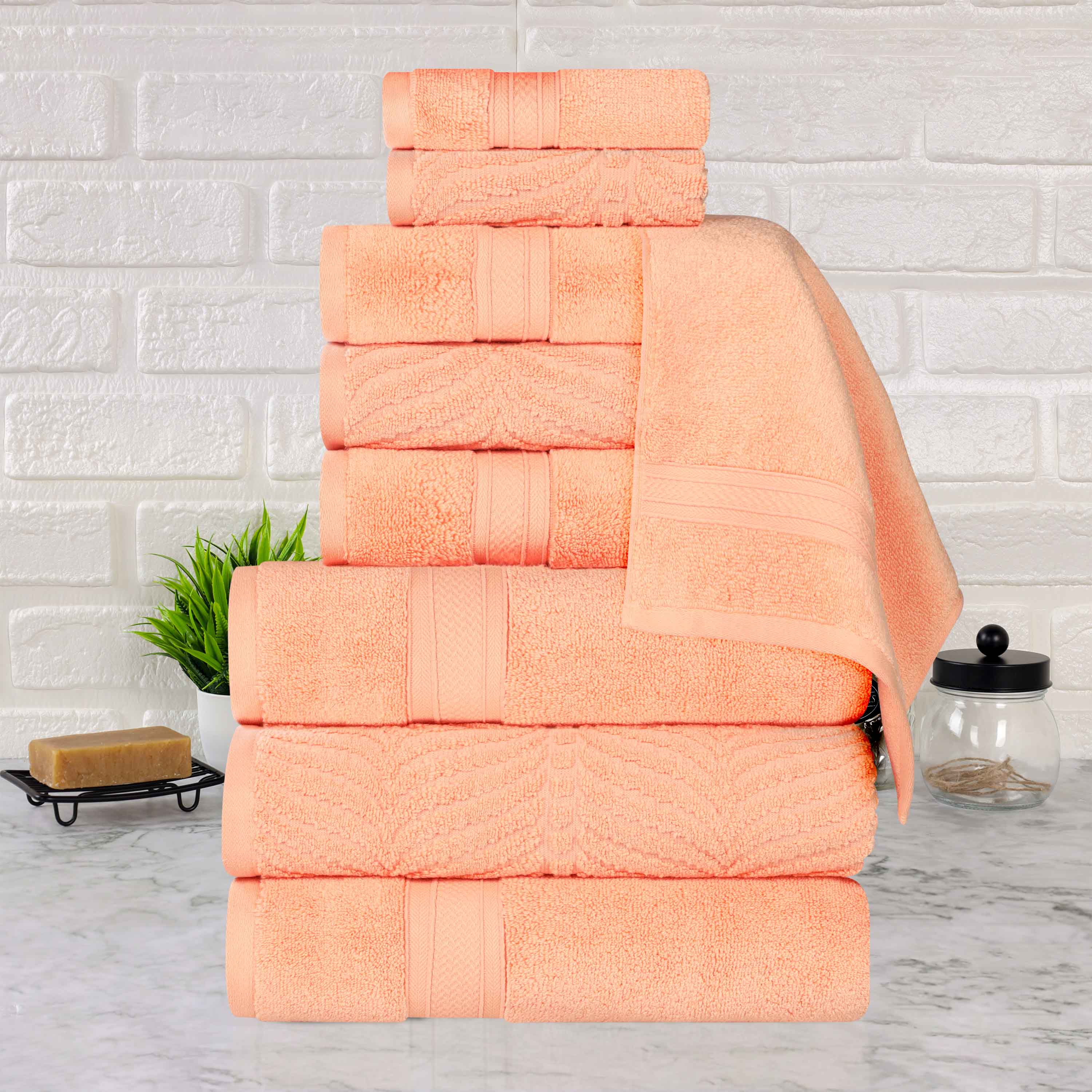 Premium 9-Piece Zero Twist Cotton Towel Set - Solid & Jacquard Elegant Chevron Design for Bath, Spa, and Luxury Home Decor