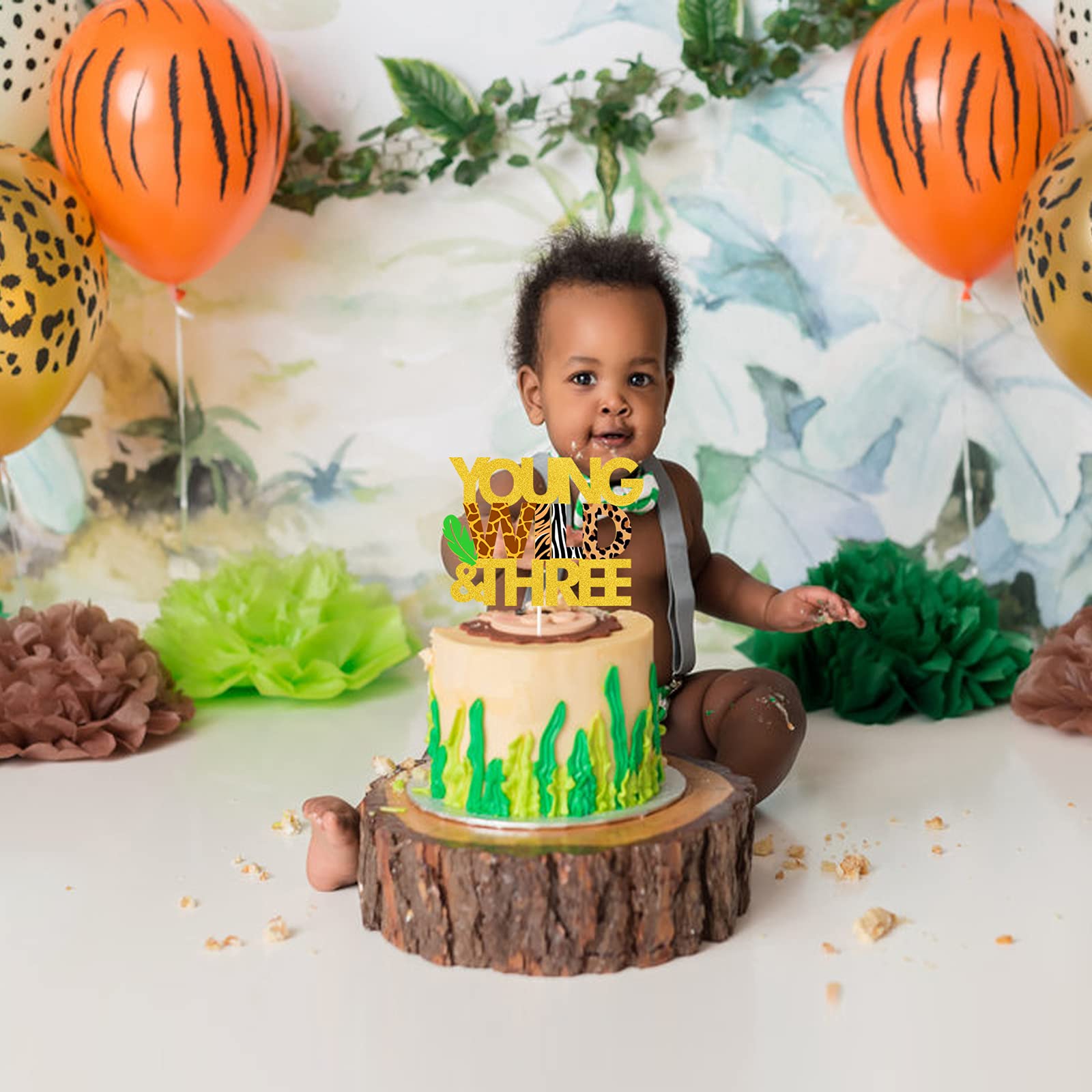Wild Safari Jungle Animal Cake Topper - Happy 3rd Birthday Cake Decorations, Gold Glitter Baby Shower Party Supplies for Kids Birthday & Jungle Theme Celebrations