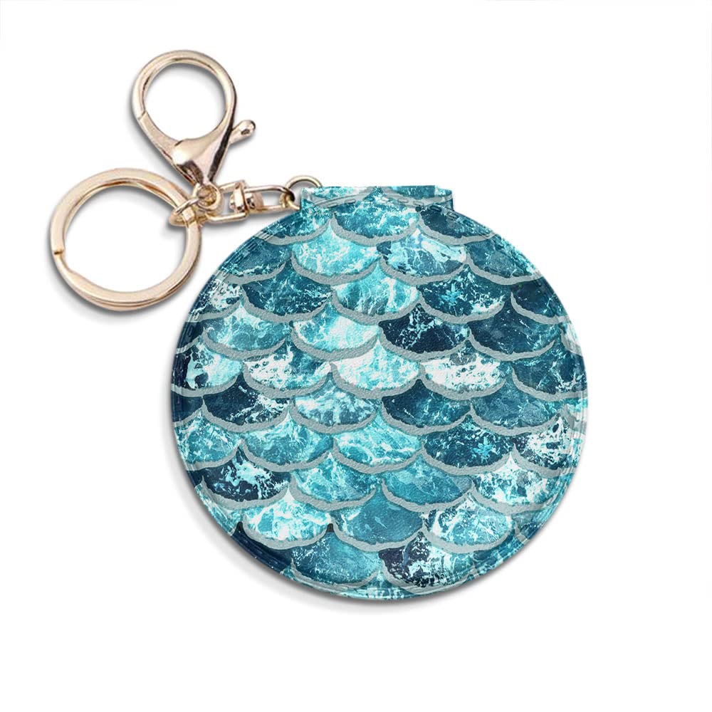 Wirester Round Foldable PU Leather Compact Pocket Purse - Dual Sided Travel Makeup Mirror with Keychain, Mermaid Scales Blue Wave - Perfect for Travel, Home & Office Use