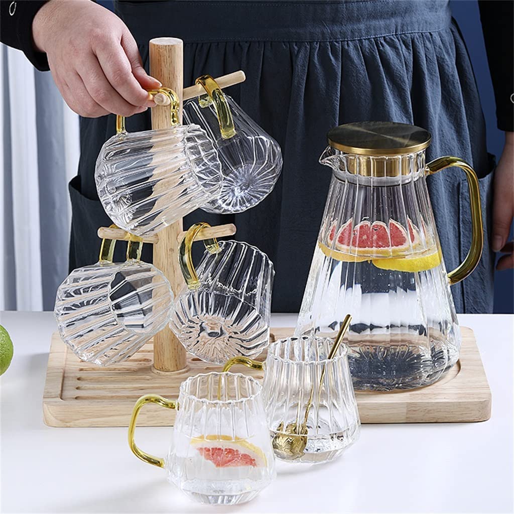 Premium Vertical Grain Cold Kettle Set - 1.5L High Borosilicate Glass Pitcher for Iced Tea, Juice & Infused Water | Large Capacity Heat-Resistant Beverage Container for Home, Office & Outdoor Use | BPA-Free & Dishwasher Safe (Clear)