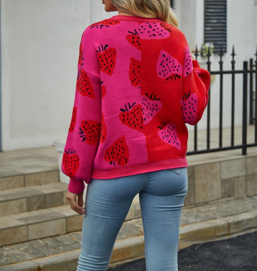 Trendy Women's Strawberry Graphic Cardigan Sweater - Y2K Aesthetic Button Down Knit Jacket with Color Block Design | Perfect for Casual Outfits, College Campus Style & Preppy Fashion