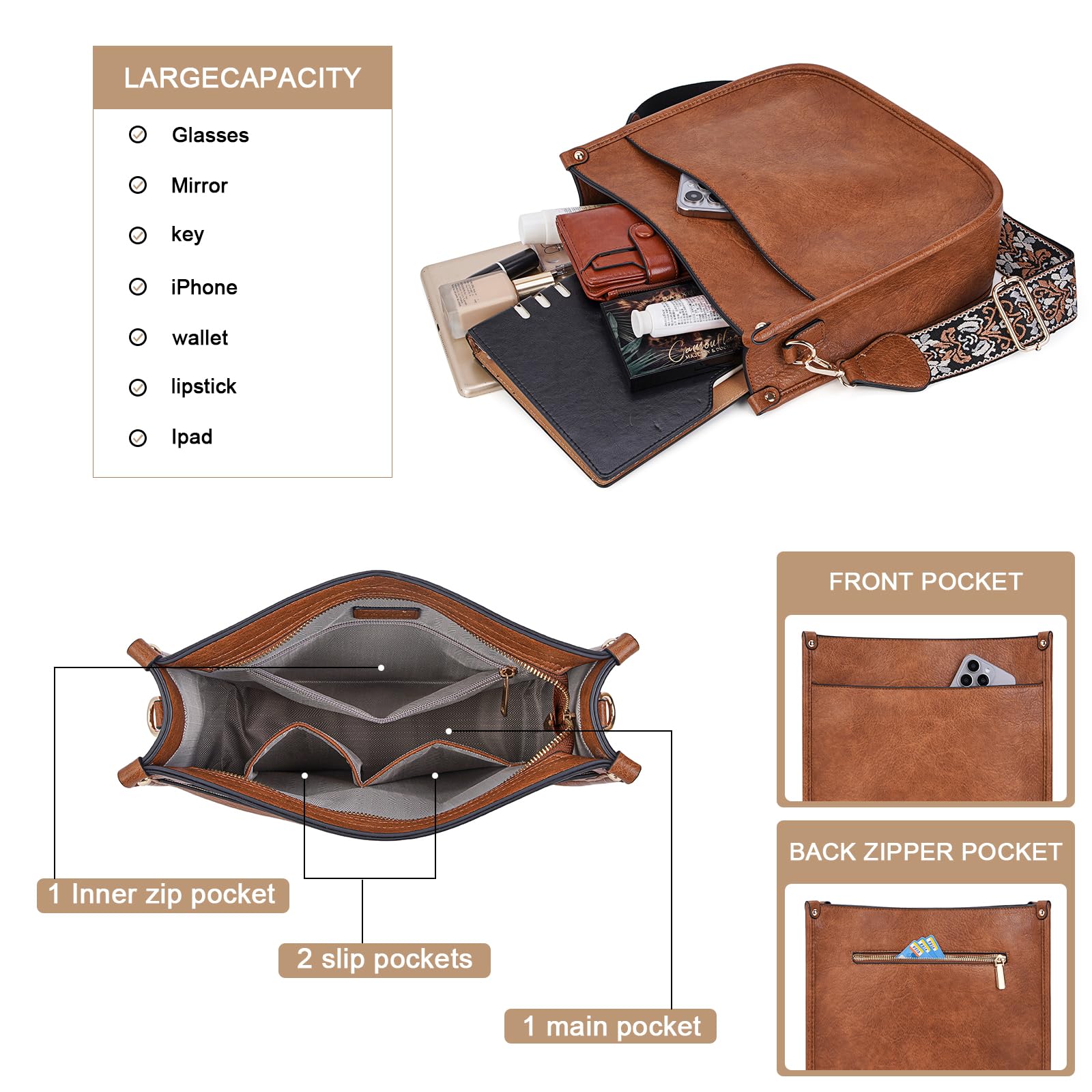 Vegan Leather Crossbody Bag for Women - Adjustable Strap Hobo Shoulder Purse, Stylish & Trendy Handbag for Daily Use, Work, Travel & Shopping