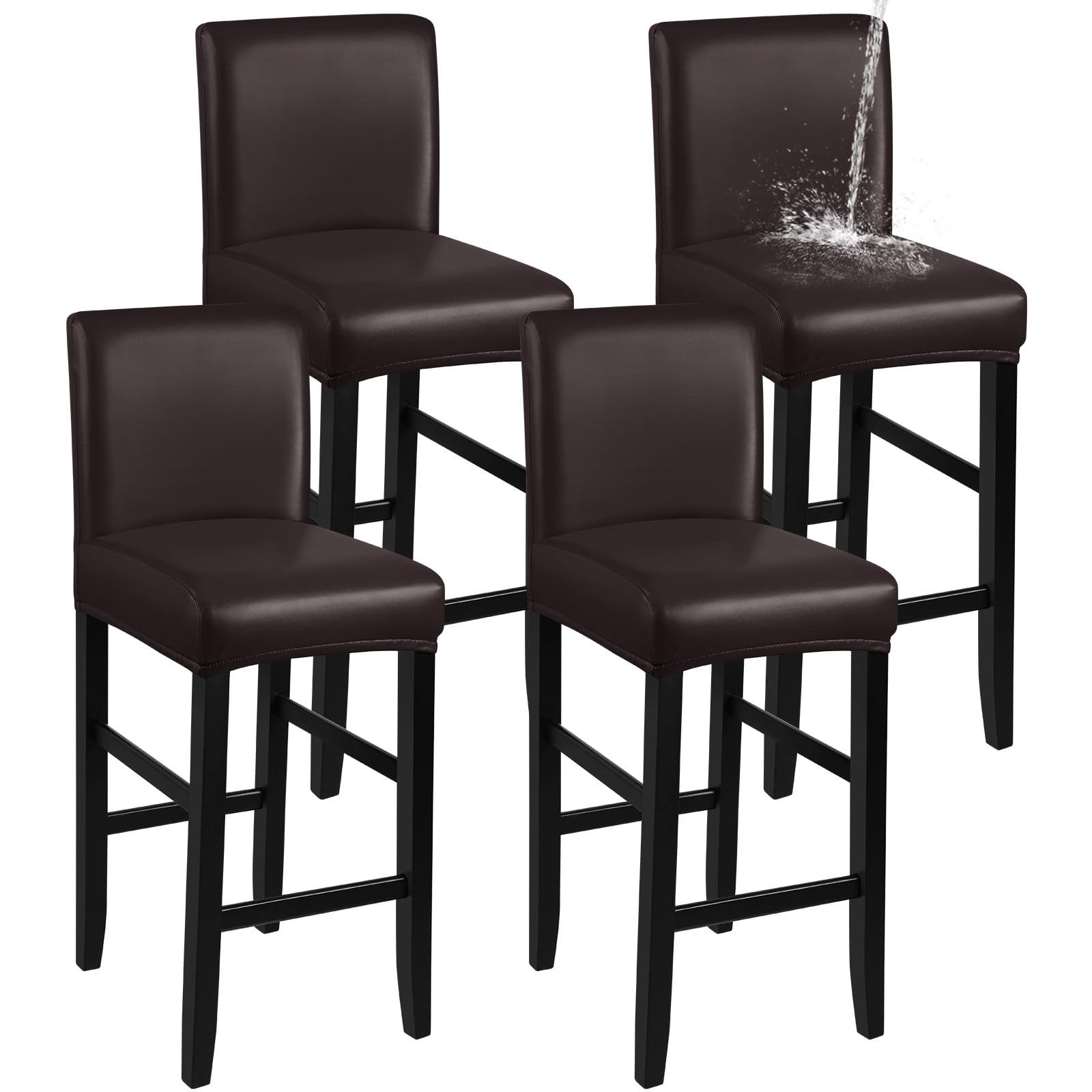 Stretch Waterproof PU Bar Stool Covers - Washable & Removable Slipcovers with Elastic Bands (4 Pack, Coffee Brown) - Perfect for Kitchen Counter, Dining Room & Pub Stools