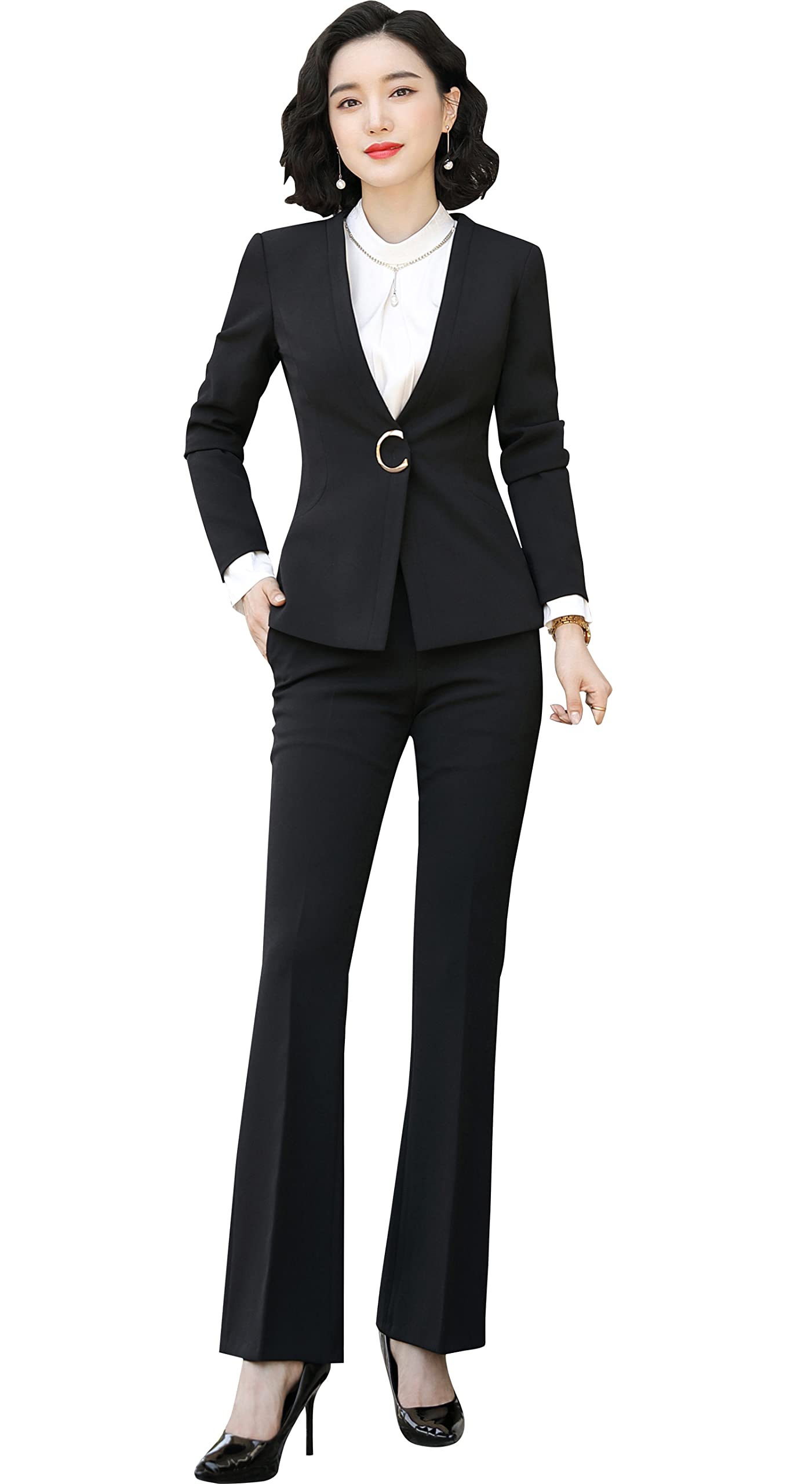 Stylish Women's Two-Piece Suit Set - Solid Color Blazer & Wide Leg Pants for Business, Office & Casual Wear | Professional Work Attire & Dressy Outfits for Women | Perfect for Business Meetings, Office Work & Smart Casual Occasions