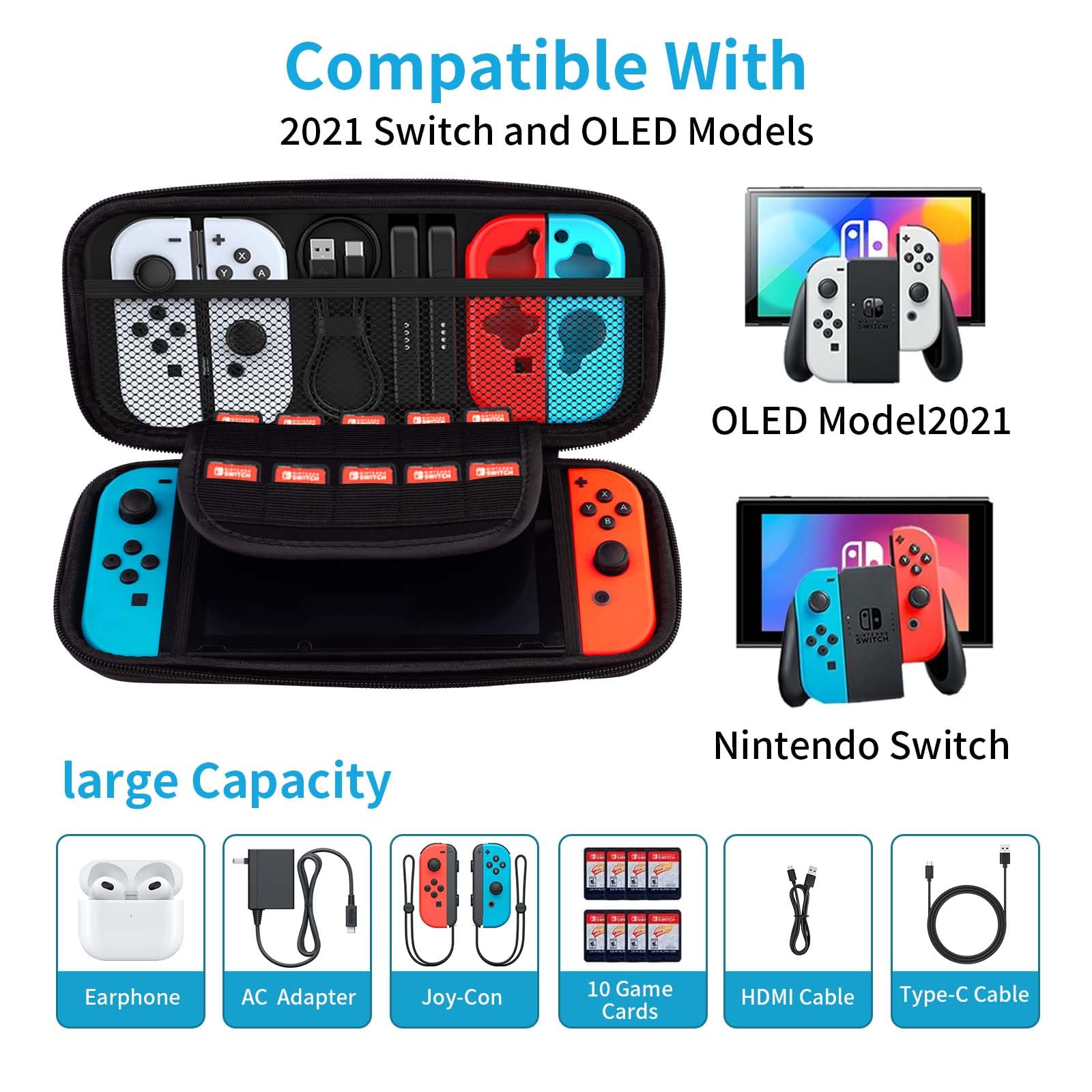 RYHX Hard Protective Case for Nintendo Switch & Switch OLED - Durable Travel Cover with 10 Game Card Holders for Console & Accessories - Red | Perfect for Gaming on the Go, Travel Protection, and Storage Organization