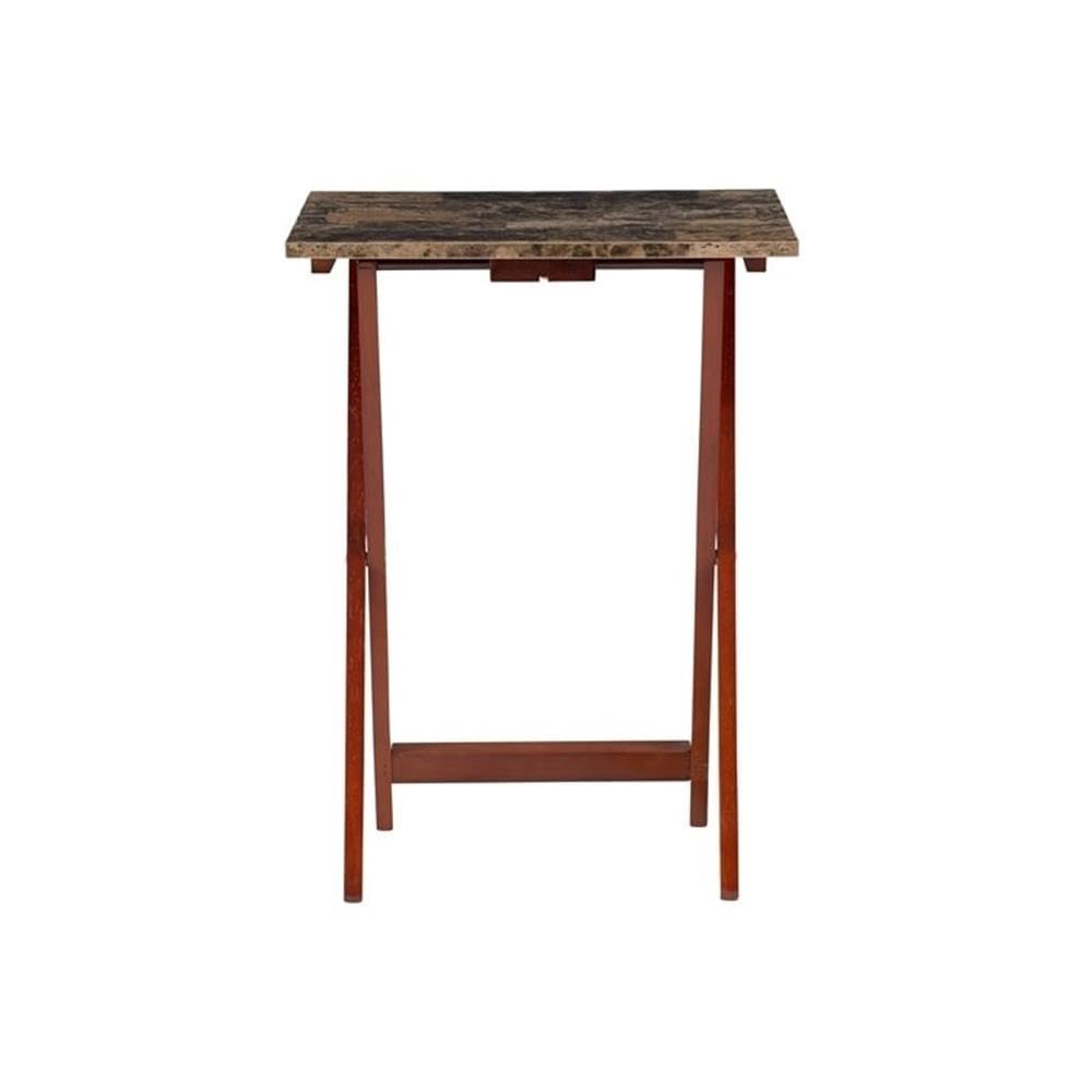 5 Piece Set Faux Marble TV Tray Table Stand in Brown - 4 Adjustable Tray Tables & 1 Sturdy Stand for Living Room, Bedroom, or Outdoor Use - Perfect for Dining, Working, or Entertaining