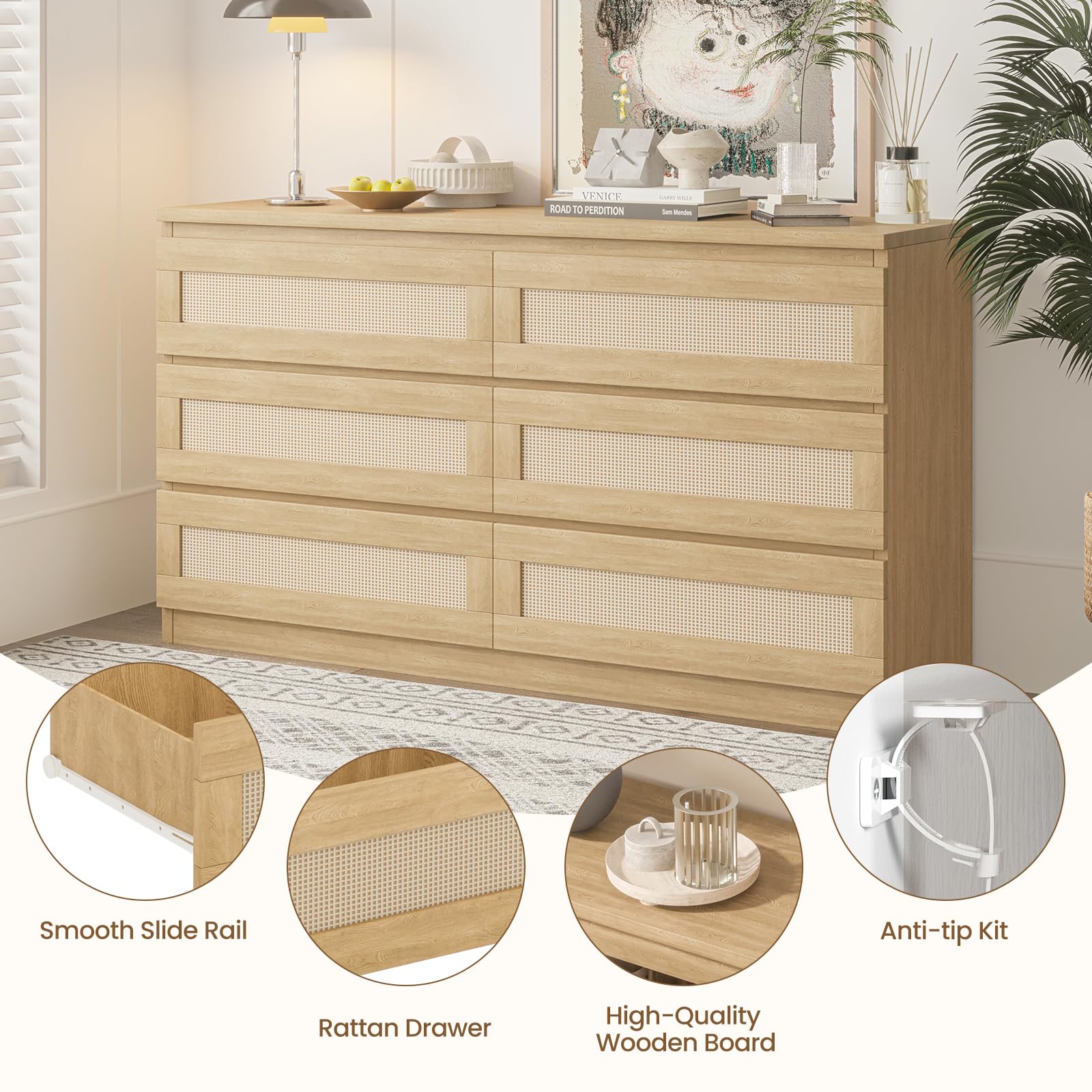 Natural Oak Rattan Dresser with 6 Drawers - Wooden Chest of Drawers for Bedroom, Closet, Living Room & Entryway | Perfect for Nightstands, TV Stands & Hallway Storage
