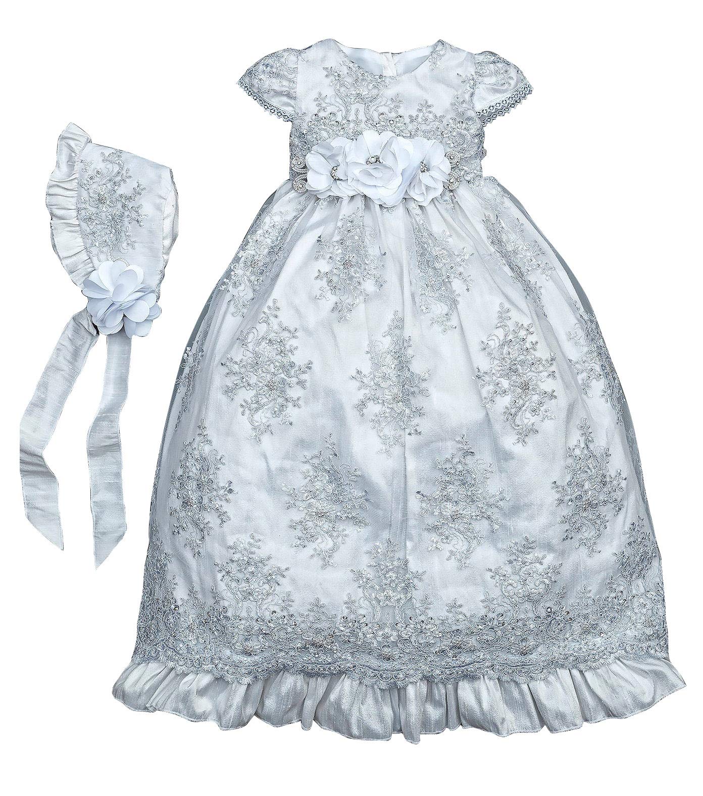 Newdeve Elegant Lace Christening Gowns with Bonnet for Baby Girls - Long Beaded Baptism Dresses for Church Ceremonies & Special Occasions - Perfect for Christenings, Baptisms, and First Communion Celebrations