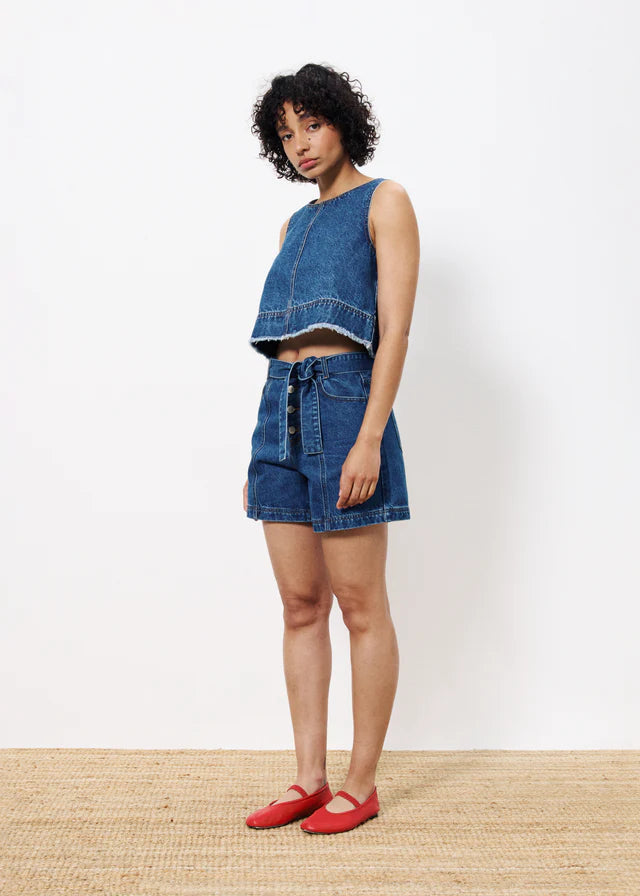 Dafne Women's Blue Denim Crop Top - Stylish Short Sleeve Shirt for Casual Outfits, Summer Fashion & Streetwear