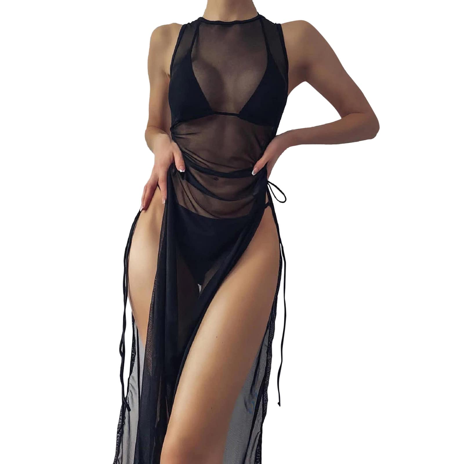 Sexy Women's Bikini Cover Up - Draped Front Drawstring Mesh Beach Wrap Dress with High Slit & Shiny Fabric - XXL Black Swimwear Cover Up for Pool, Beach Vacation & Summer Outings