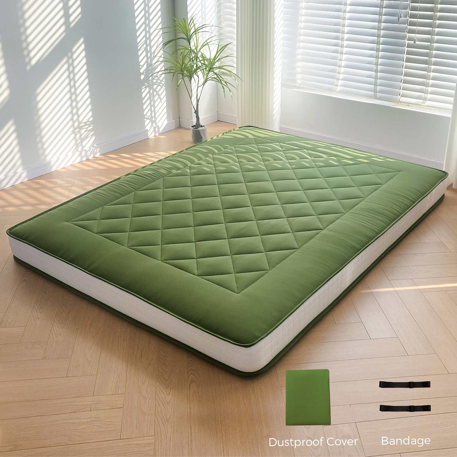 MAXYOYO 6-Inch Extra Thick Japanese Floor Futon Mattress - Premium Diamond Quilting Design for Bedroom, Guest Room & Small Spaces - Green (Queen Size) | Ideal for Apartments, Dorms, Sleepovers & Minimalist Living