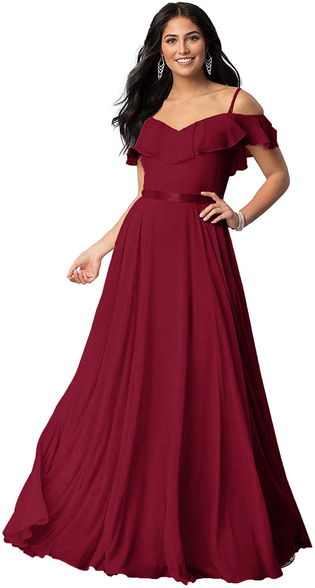 Elegant Women's Cold Shoulder Chiffon Bridesmaid Dress - Long Ruffled Formal Prom Evening Gown with Straps | Perfect for Weddings, Parties & Special Occasions