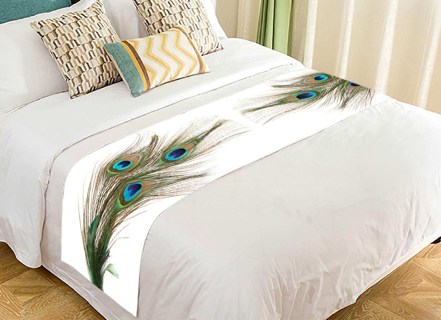 ABPHQTO Peacock Feathers Bed Runner - 20x95 Inch Luxury Bed Scarf for Queen King Beds - Elegant Bedding Decoration for Weddings, Home Decor & Boho Chic Styling