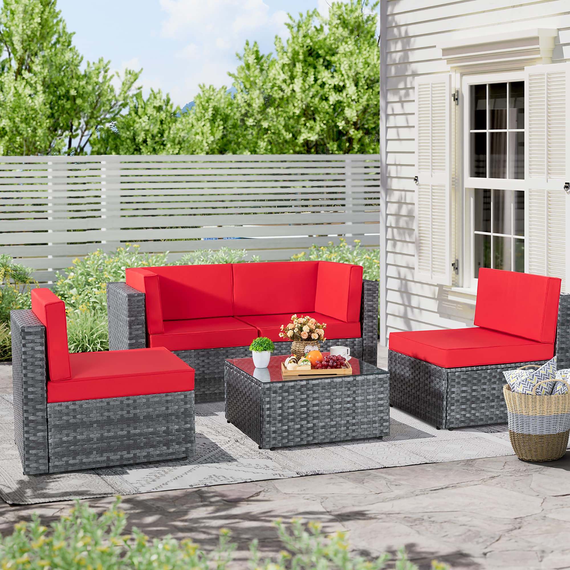 JAMFLY 5-Piece Outdoor Patio Sectional Sofa Set with Washable Cushions & Glass Coffee Table - PE Wicker Furniture for Garden, Poolside, Backyard (Silver Gray Rattan & Red Cushions) - Perfect for Relaxing, Entertaining, and Outdoor Gatherings