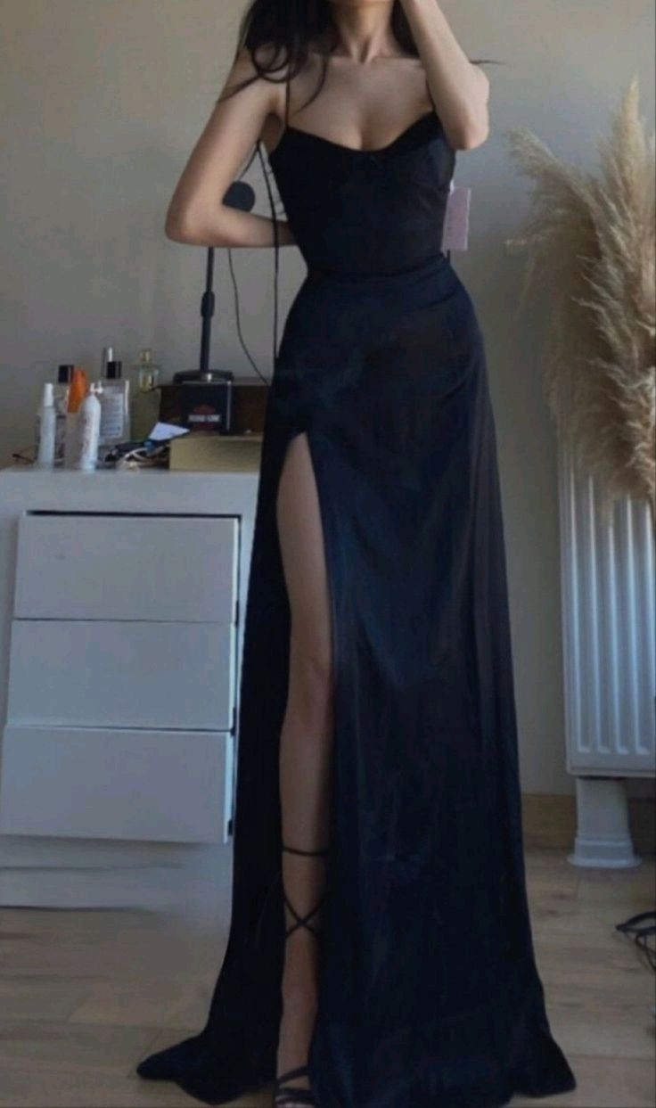 Elegant Navy Blue A-Line Long Prom Dress with High Slit - J3213 | Formal Evening Gown for Homecoming, Wedding Guest, Pageant & Special Occasions