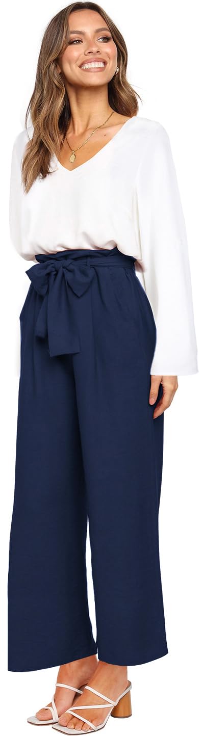 FANCYINN Women's 2-Piece Outfit Set - V-Neck Long Sleeve Top & High Waisted Paper Bag Pants with Belt | Casual Workwear & Office Outfit