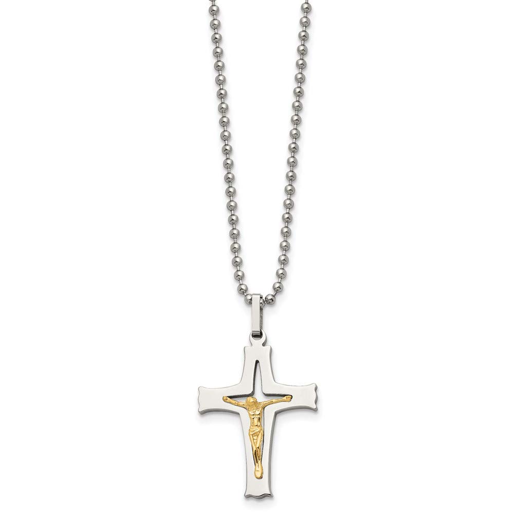The Black Bow Stainless Steel & 14k Yellow Gold Accent SM Crucifix Necklace, 22 Inch - Perfect for Everyday Wear, Gifts, and Religious Occasions