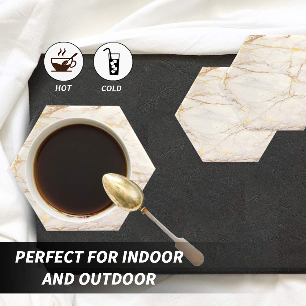 Premium Absorbent Marble Drink Coasters Set of 8 with Cork Base - Gold Ceramic Cup Coasters with Metal Holder for Wooden Tables - Rustic Home Decor for Living Room, Bar & Housewarming Gifts (4 Inch) - Perfect for Coffee Tables, Dinner Parties & Protecting Furniture Surfaces
