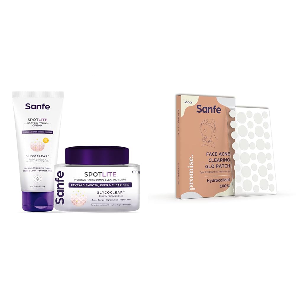 Sanfe 2-Step Brightening Kit for Dark Underarms, Bikini Area, Neck, Knees & Elbows - Spotlite Cream & Exfoliating Scrub with Acne Patch | Dark Spot Corrector for Smooth Skin | Perfect for Pre-Wedding, Beach Vacation & Summer Body Care