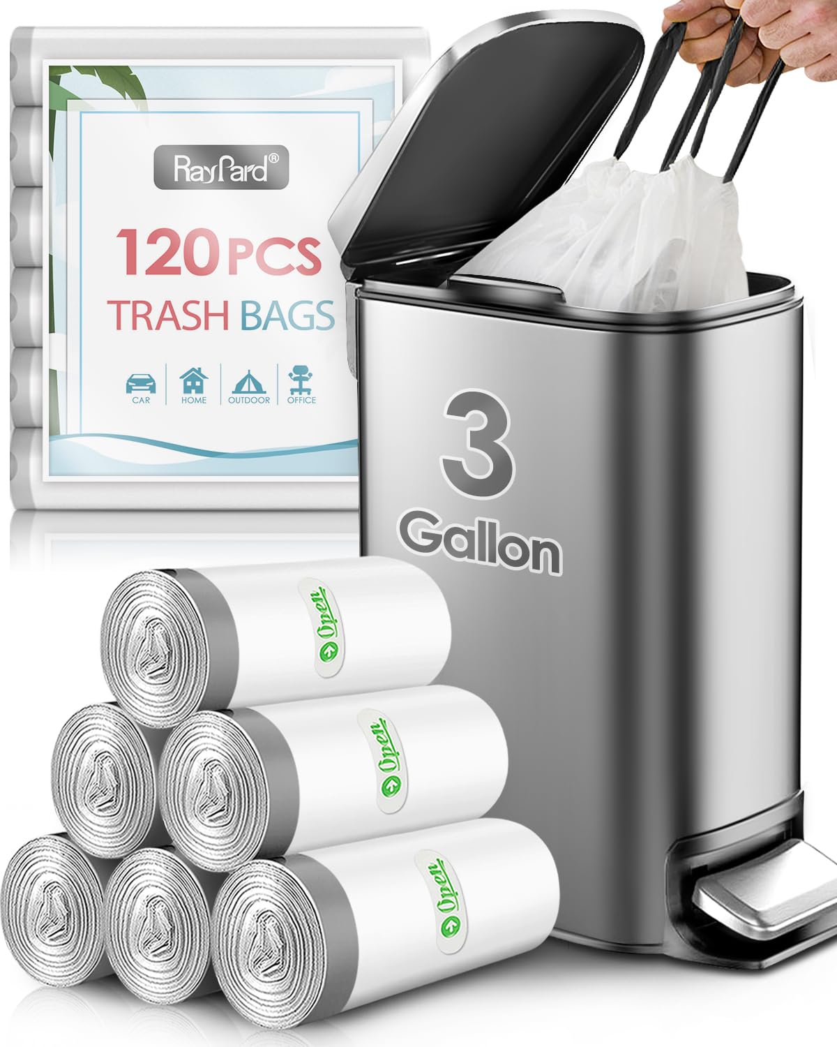 RayPard 3 Gallon 120 Counts Strong Drawstring Trash Bags - Small Garbage Can Liners for Home, Office, Kitchen, Bathroom & Bedroom - White Waste Basket Bags for Easy Disposal & Odor Control