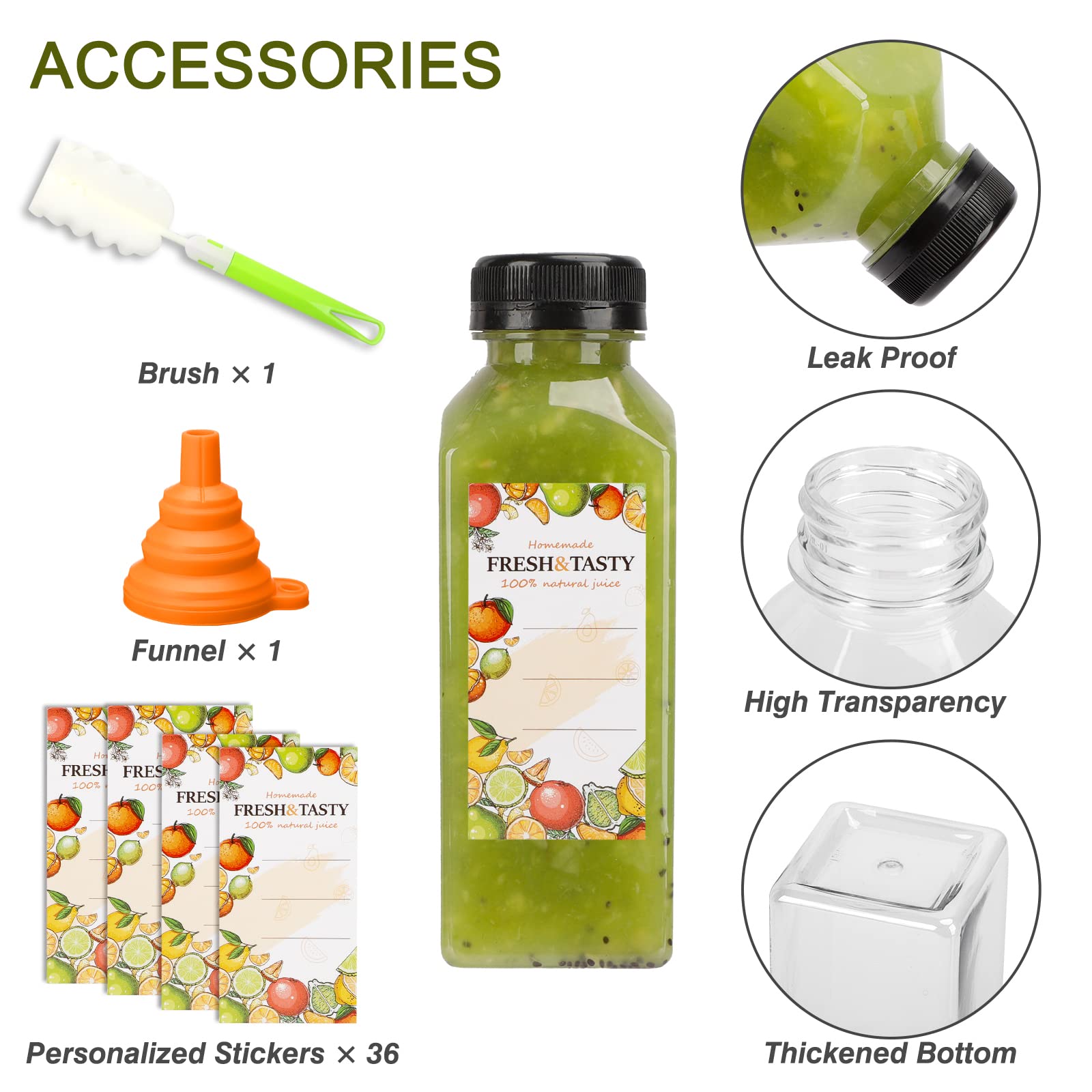 TOMNK 35-Pack 12oz Clear Plastic Juice Bottles with Lids - Reusable Beverage Containers for Juicing, Smoothies, Tea & DIY Drinks - Includes Labels, Funnel & Cleaning Brush (Bulk Pack for Home & Commercial Use)