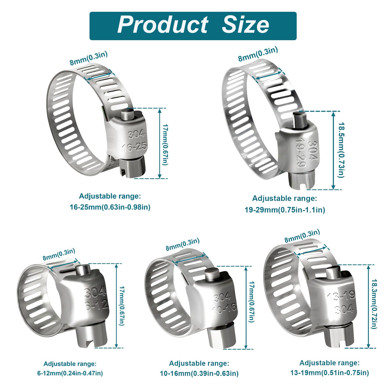 80PCS Stainless Steel Hose Clamps Assortment (1/4