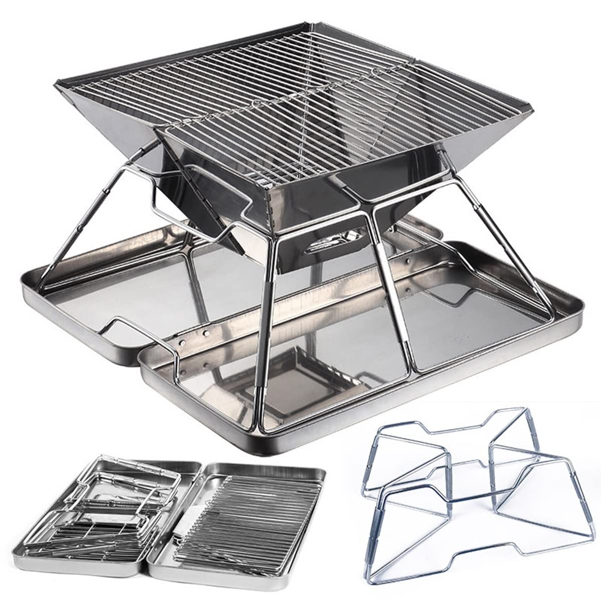 AMOCHO Portable Folding Camping Stove - Stainless Steel Wood Burning Fire Pit for Outdoor Cooking, Picnics, Backpacking & Bonfires | Compact Camp Grill for RV Trips, Beach Parties & Backyard Gatherings