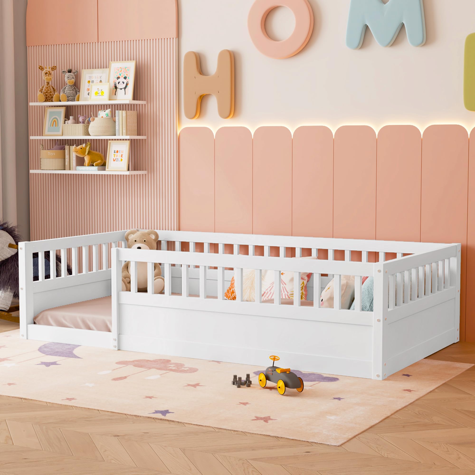 Bellemave Twin Size Montessori Floor Bed for Kids - Wooden Playhouse Bed with High Safety Railings for Baby Boys, Girls & Teens - No Slats Included (White) - Perfect for Montessori Rooms, Daycare Centers & Safe Toddler Sleep Spaces