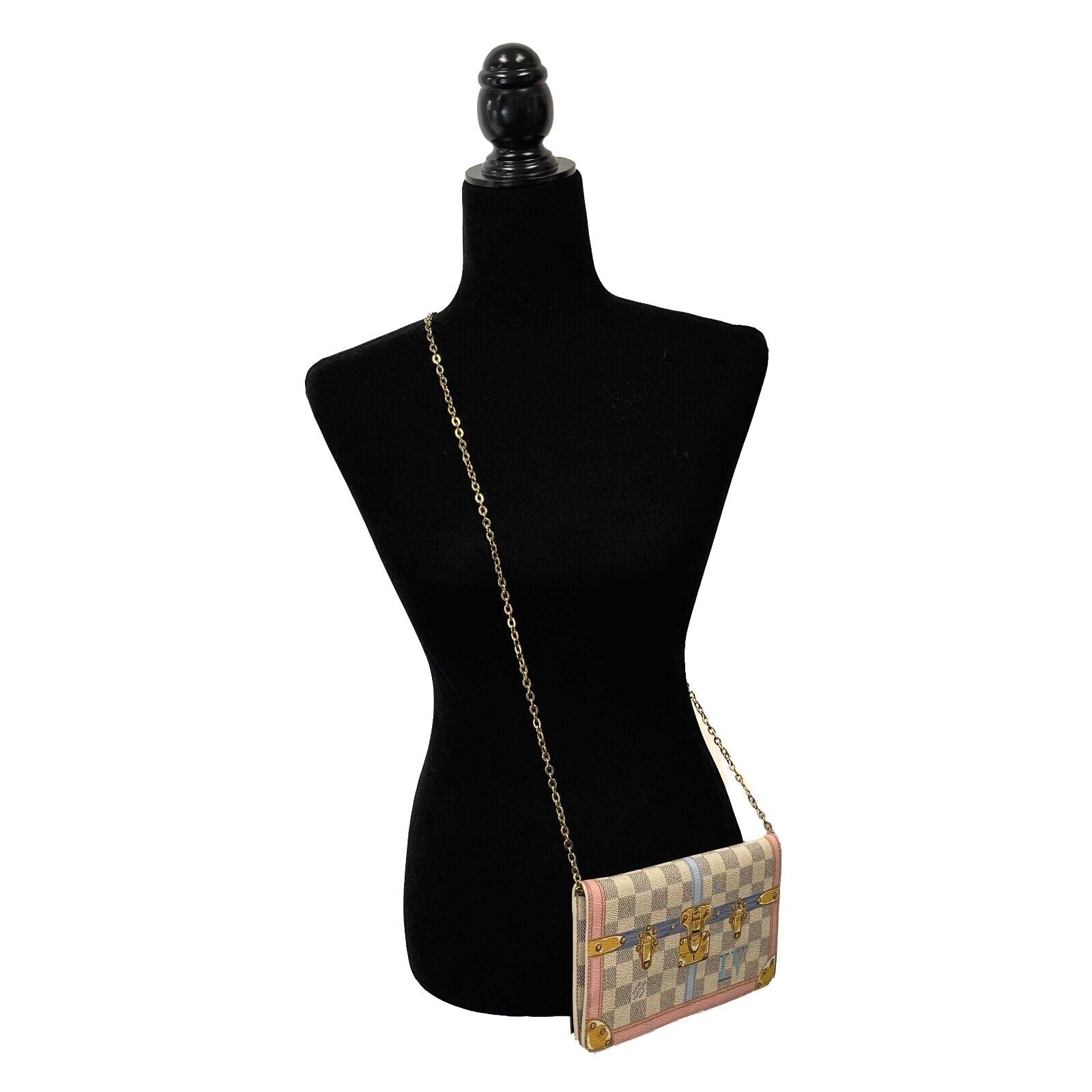 Authentic Louis Vuitton Damier Azur Pochette Crossbody Bag with Chain Strap - Rare Summer Trunks Collection - Perfect for Weekend Getaways, Travel & Everyday Fashion Accessory