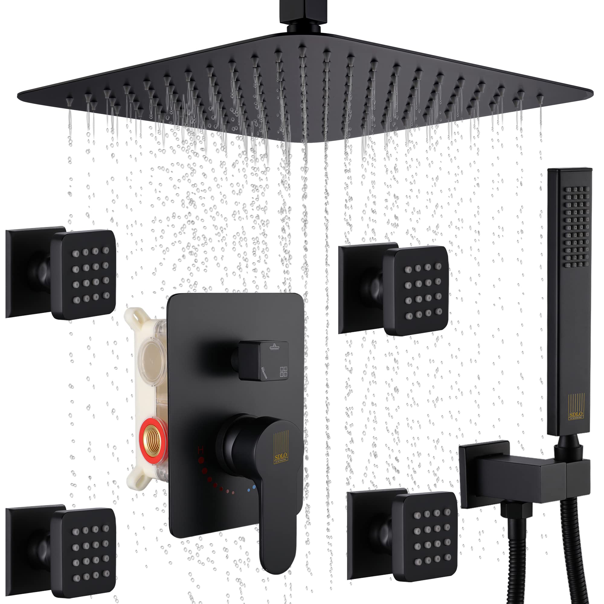 SDLO Black Shower Faucet Set - Complete Shower System with 4 Body Jets, 10 Inch Ceiling Rain Shower Head & Valve - Modern Bathroom Fixture for Spa-Like Experience - Perfect for Master Bathroom Renovation and Luxury Home Upgrade