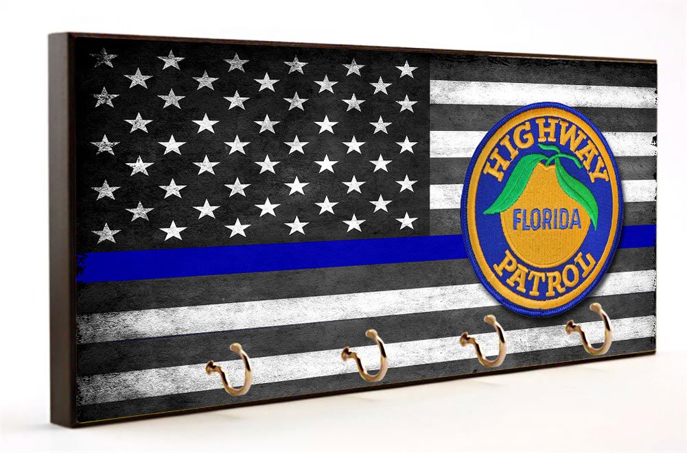Florida Highway Patrol Thin Blue Line American Flag Key Holder - Wall Mount Key Organizer Rack for Home, Keys & Rings - Perfect for Entryway, Kitchen & Office Decor