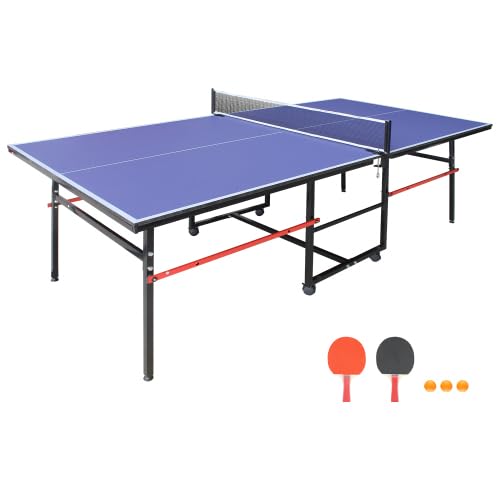 Regulation Size Folding Ping Pong Table with 2 Paddles & 3 Balls | Portable Indoor/Outdoor Table Tennis Set with Net & Wheels | Perfect for Home, Office, Backyard & Game Room (Blue)