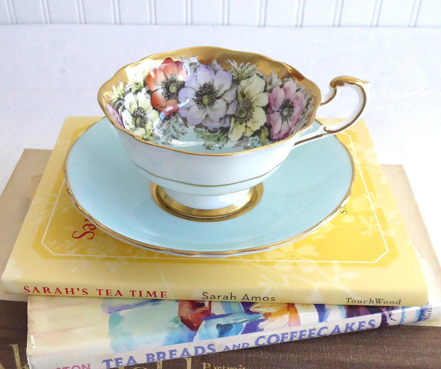 Vintage Paragon Cup and Saucer Set - Luxe Gold Trim with Aqua Poppies Design, Queen Elizabeth Warrant 1950s - Perfect for Afternoon Tea, Collectible China Display, and British Royalty Memorabilia