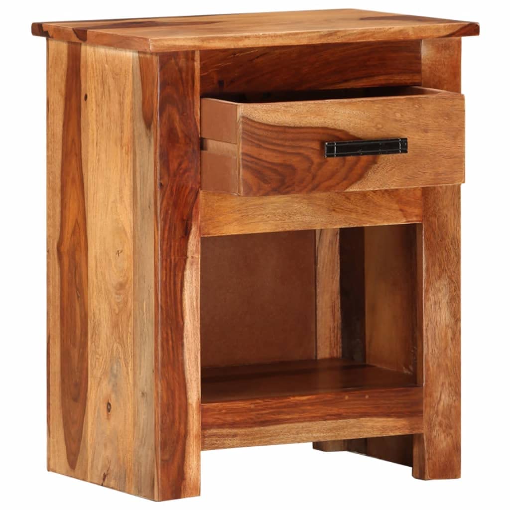 Modern Nightstand with Drawer - Solid Sheesham Wood Bedside Table 15.7