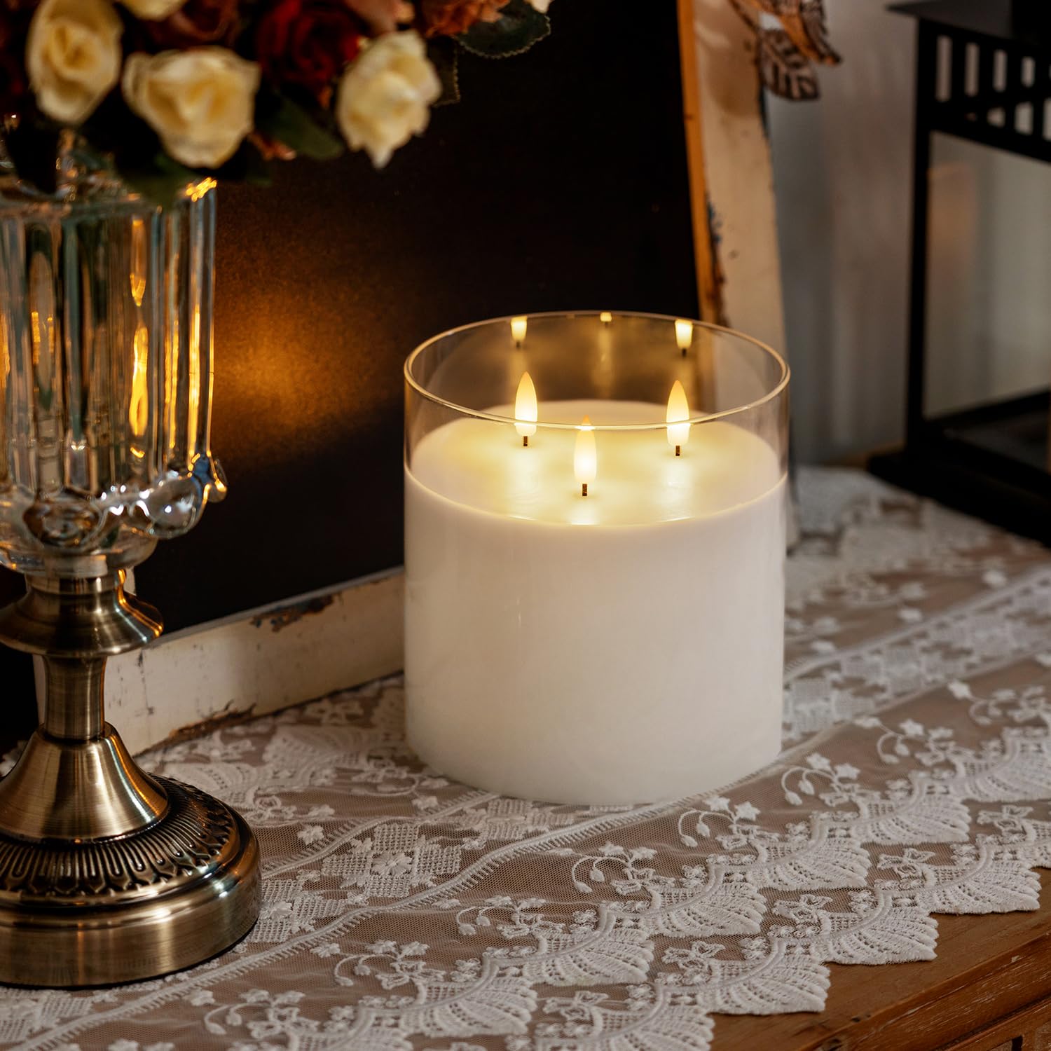 Homemory 6X6'' Extra Large Flameless LED Candle - 3-Wick Battery Operated Pillar Candle with Remote & Timer - Real Wax Glass Candle in Pure White - Perfect for Weddings, Home Decor & Relaxation