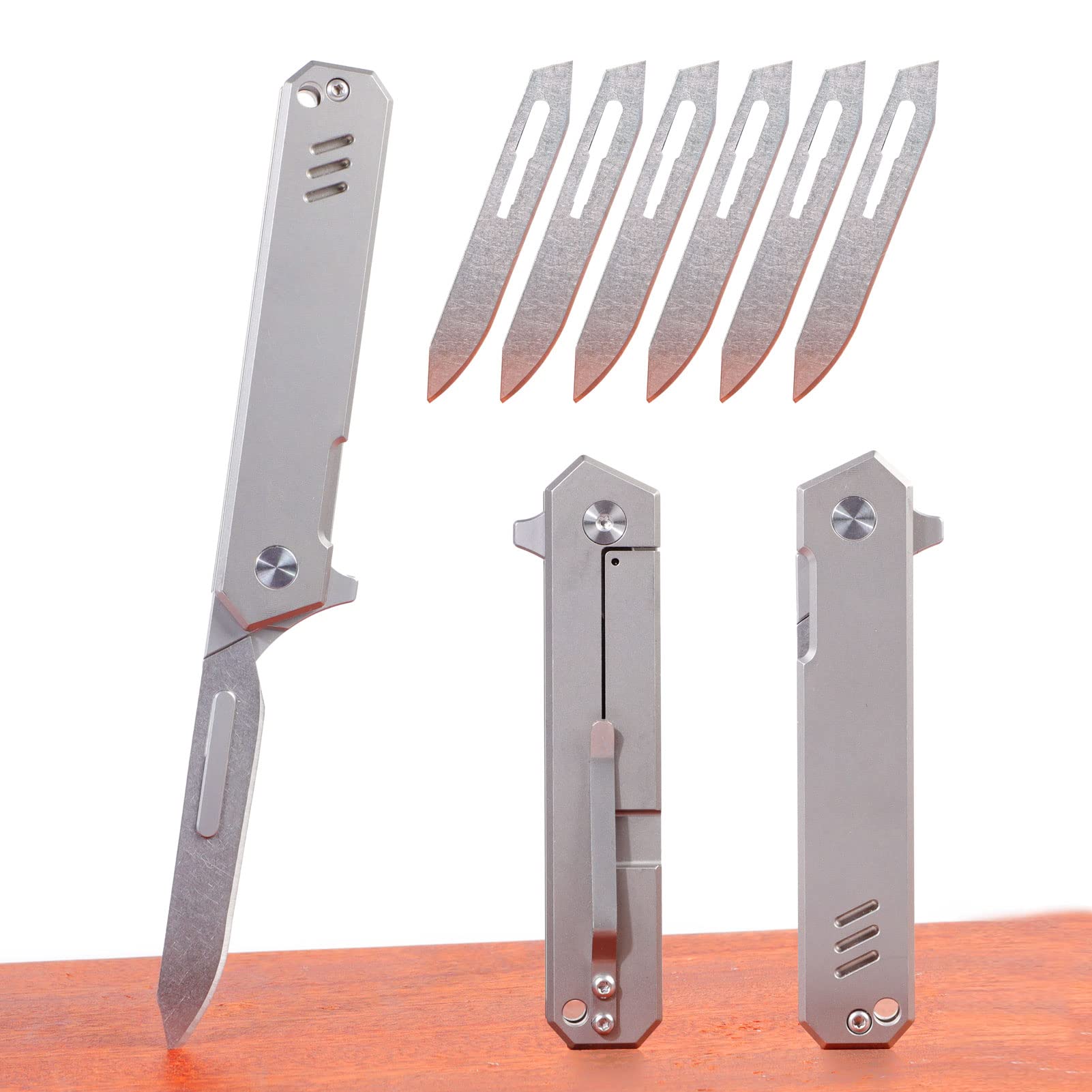 T37 Titanium Folding Pocket Scalpel Knife - 6pcs 440C #60 Blades, Compact Slim EDC Utility Knife with Pocket Clip for Camping, Hiking & Everyday Carry (EDC)