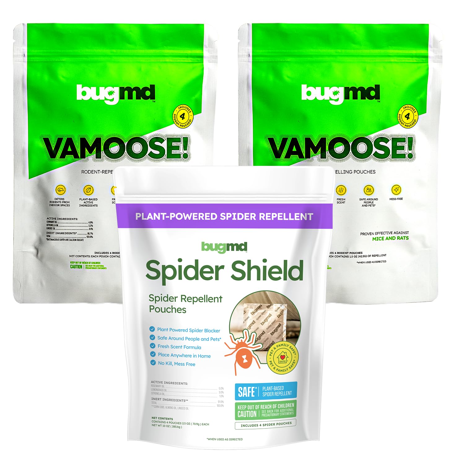 BugMD Vamoose Natural Rodent & Spider Repellent Bundle (2 Pack + 1 Pack) | Plant-Based Mouse, Rat & Insect Deterrent | Indoor & Outdoor Pest Control | Safe for Pets & Kids | Perfect for Homes, Garages, Basements & Camping Areas
