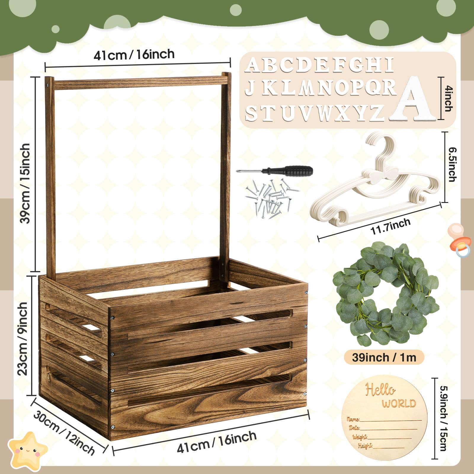 Barydat Wooden Baby Shower Crate - Handmade Nursery Storage Basket with Handle, Pregnancy Announcement Sign & Garland Hangers - Perfect for New Parent Gifts, Gender Reveal Parties & Nursery Decor (Brown)