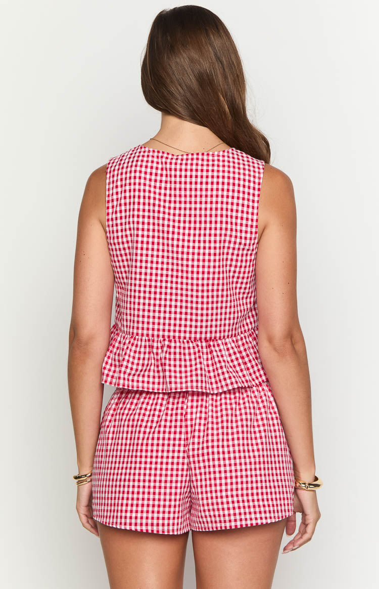 Baxter Red Gingham Top for Women - Stylish Casual Blouse with Button Front & Short Sleeves - Perfect for Summer Outfits, Picnics, and Date Nights