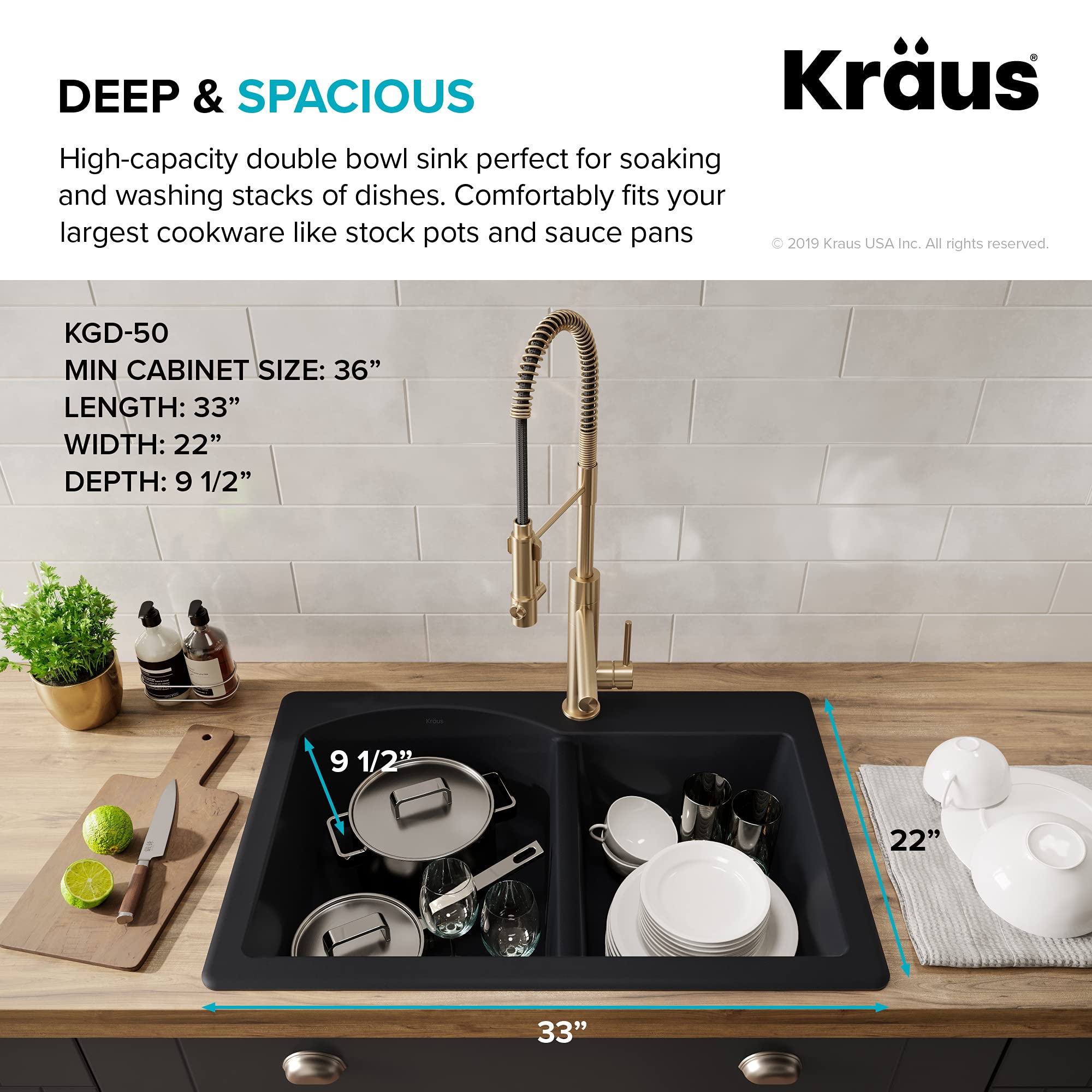 KRAUS Forteza™ 33-Inch Black Granite Dual Mount 60/40 Double Bowl Kitchen Sink with WasteGuard™ Continuous Feed Garbage Disposal (KGD-50BL-100-75MB) - Perfect for Modern Kitchens, Dishwashing, and Food Prep
