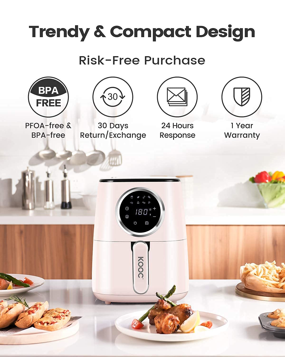 BUDDY GROUP KOOC 4.5 Quart Large Air Fryer with Accessories - 8-in-1 Electric Hot Air Oven Cooker with LED Touch Screen, Nonstick Basket & Cheat Sheet - Perfect for Healthy Frying, Baking, Roasting - Ideal for Family Meals, Snacks & Meal Prep (Pink)