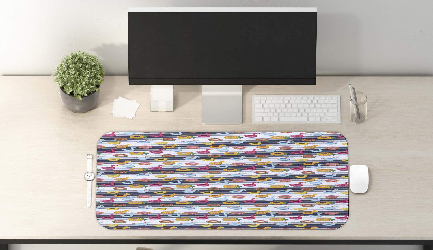 Ambesonne Cartoon Computer Mouse Pad - Summer Holiday Swimming Pool Float Rings Design, Non-Slip Rubber Base, Large 31