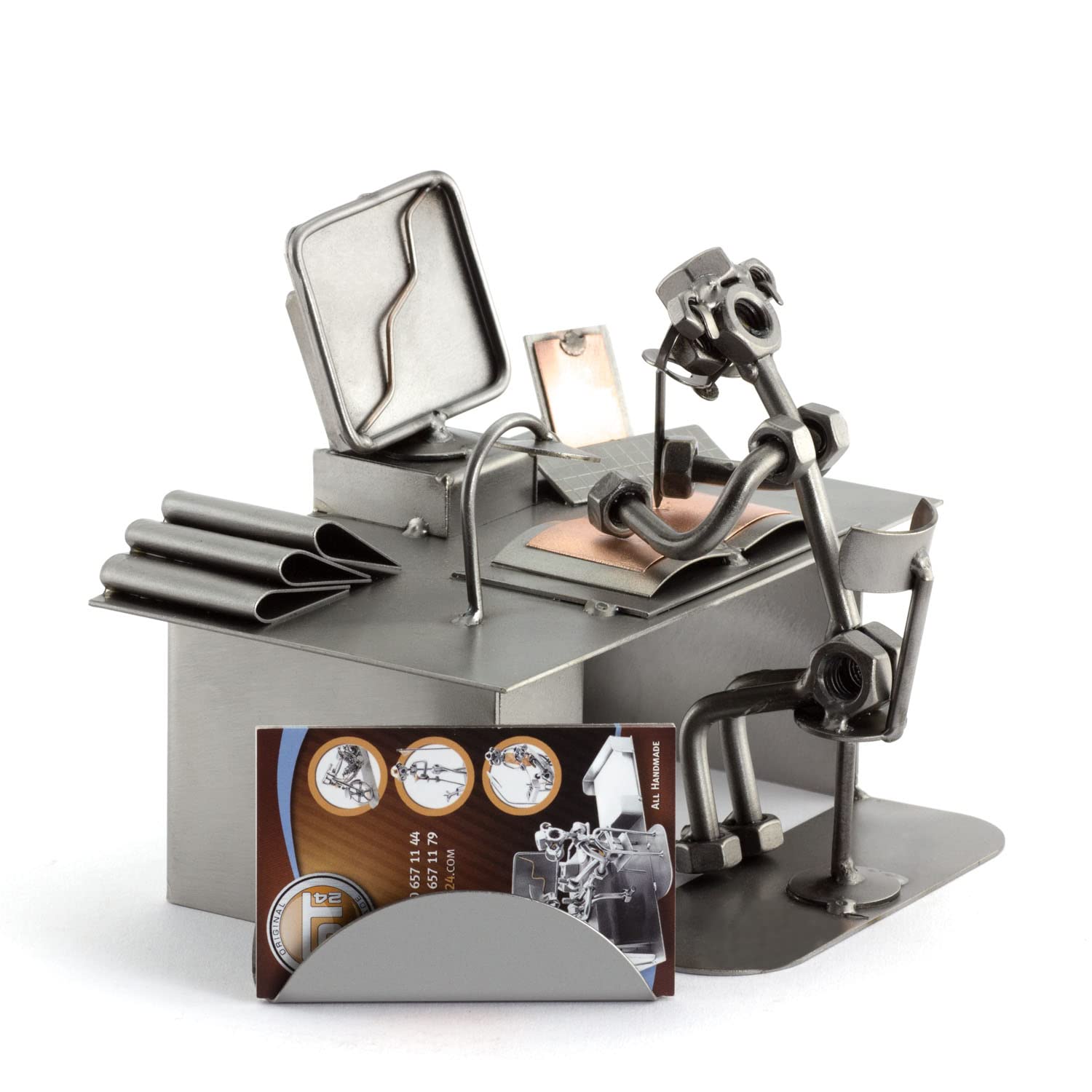 Handmade Metal Nuts & Bolts Computer Sculpture - Personalized Engraving & Business Card Holder | German Crafted Office Desk Decor for Tech Enthusiasts & Professionals