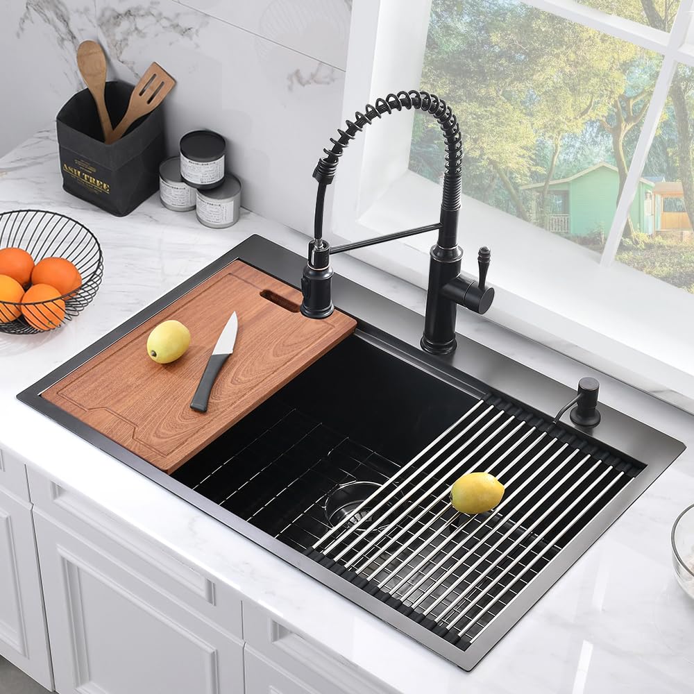 30 Inch Black Drop-In Kitchen Sink Workstation - Bokaiya 30x22 Black Stainless Steel Topmount 16 Gauge Deep Single Bowl Sink with Cutting Board & Strainer - Perfect for Modern Kitchens, Food Prep, and Dishwashing