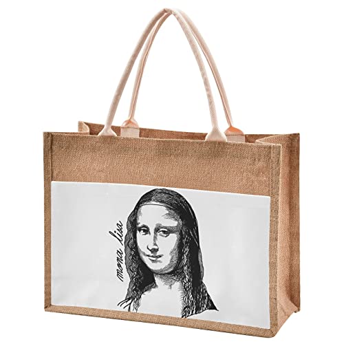 Eco-Friendly Mona Lisa White Jute Tote Bag - Reusable Burlap Straw Beach Bag for Shopping, Groceries & Wedding Gifts | Perfect for Beach Outings, Farmers Market & Sustainable Lifestyle