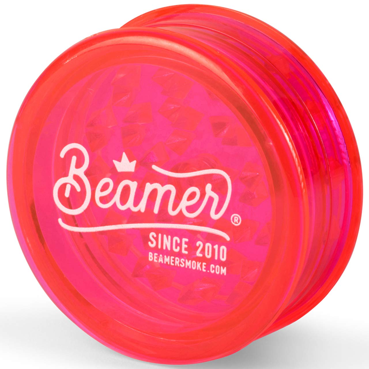 Beamer Crown Logo 3-Piece 63mm Acrylic Grinder - Transparent Pink Herb Grinder with Free Smoke Sticker | Perfect for Grinding Herbs, Spices & Tobacco | Great for Home Use, Travel & Gifts