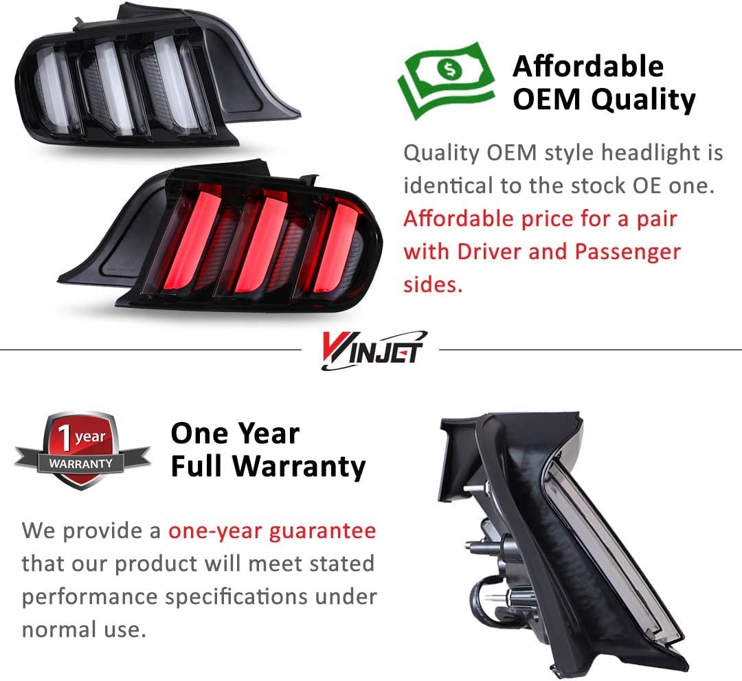 Winjet Euro Style LED Tail Lights Assembly for 2015-2022 Ford Mustang - Sequential Dynamic Turn Signals & Running Lights, Smoke Lens (1 Pair) - Upgrade Your Mustang's Rear Style for Night Driving & Car Shows