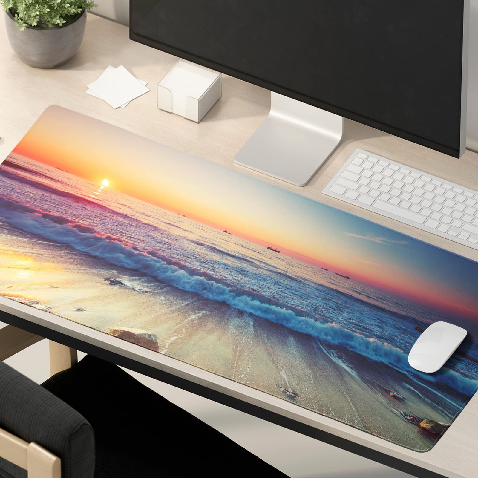 XXL Beach Sunset Mouse Pad - Large Gaming Mouse Mat with Non-Slip Rubber Base & Stitched Edges (35.4x15.7 Inch) - Perfect for Office, Laptop & Gaming Desks - Coastal Themed Desk Mat for Work & Play