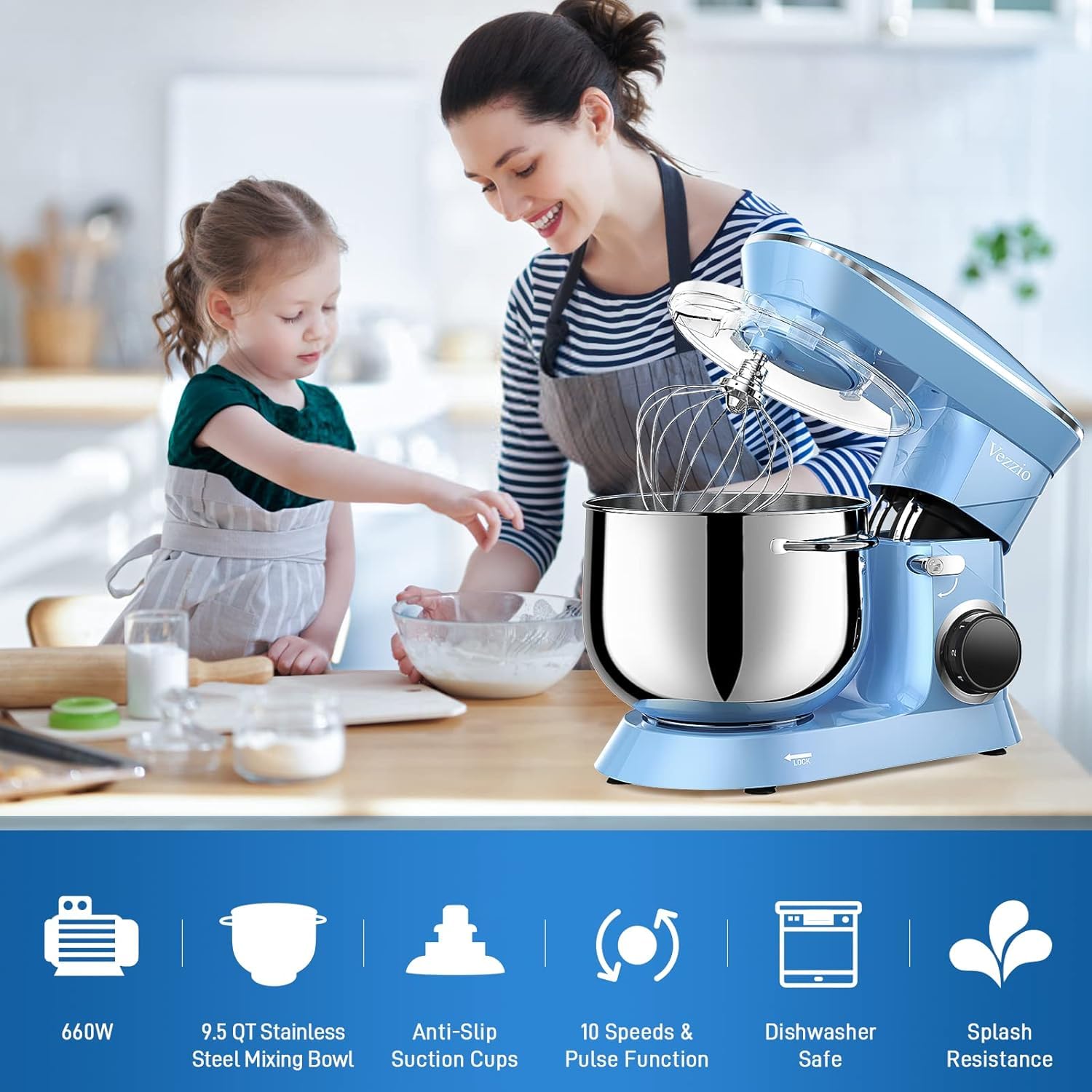 Vezzio 660W 10-Speed Tilt-Head Stand Mixer with 9.5 Qt Stainless Steel Bowl - Dishwasher Safe Attachments - Powerful Electric Kitchen Mixer for Baking, Dough, Whipping - Perfect for Home Bakers & Cooking Enthusiasts (Blue)