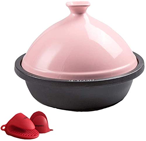 Cast Iron Tagine with Ceramic Dome Lid - Moroccan Casserole Dish for Stovetop & Oven Cooking - Includes Heat-Resistant Silicone Gloves - Compatible with All Stoves (Pink) - Perfect for Slow Cooking Stews, Curries & Traditional Moroccan Dishes